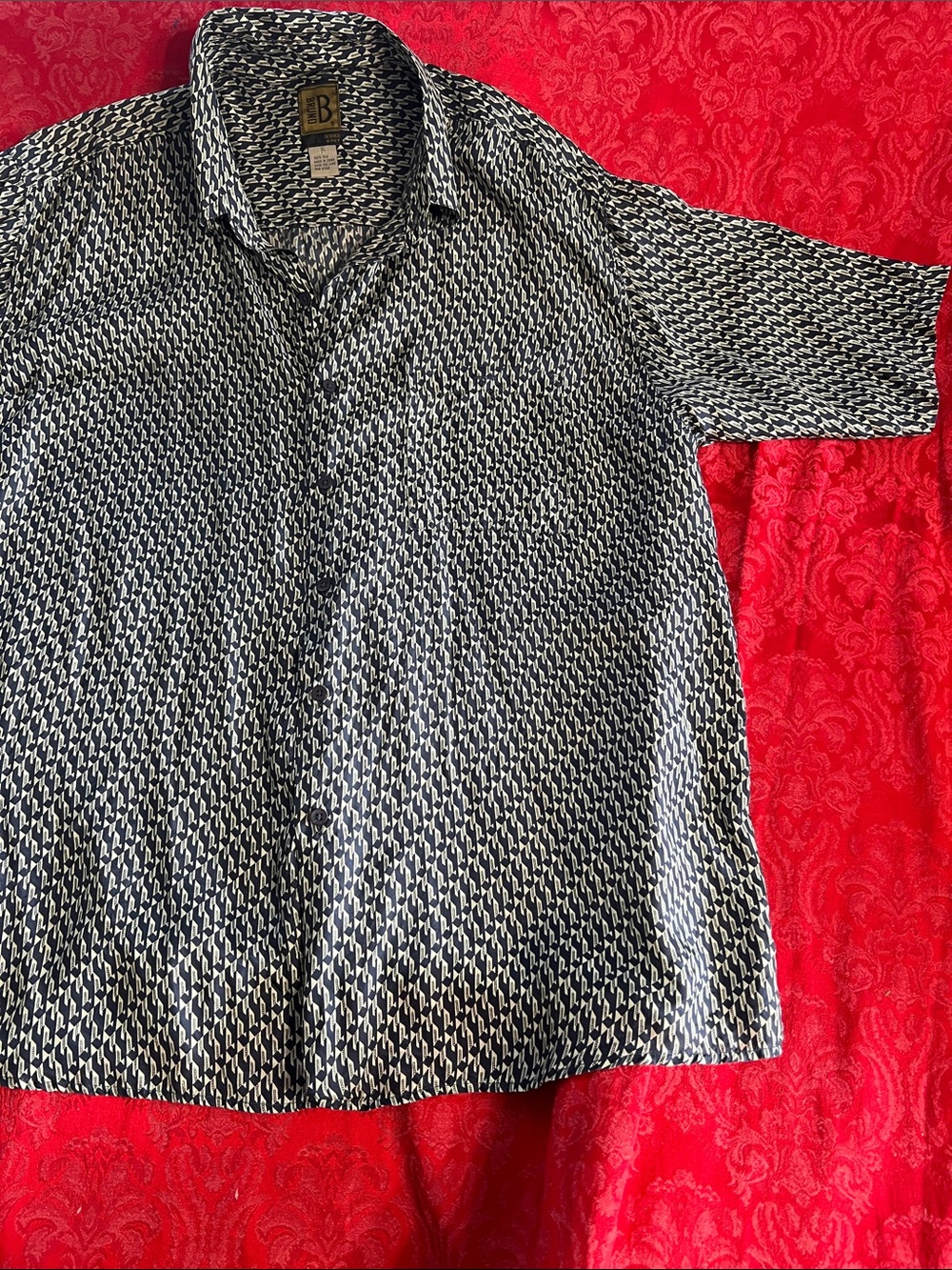 Bruno B. 100% Silk Short Sleeve Button-Up Shirt Men's XL Blue Gray Geo Italy